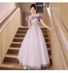 少女禮服裙一字肩荷葉邊袖長裙