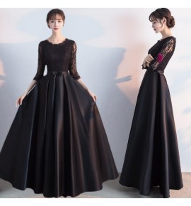 晚裝禮服裙圓領蕾絲宴會長裙