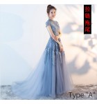 晚裝禮服裙圓領刺繡拖尾長裙