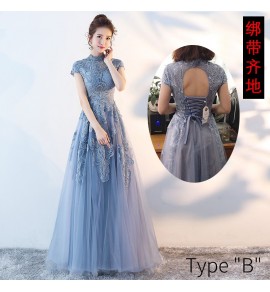 晚裝禮服裙圓領刺繡長裙