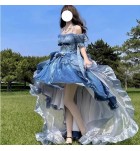 Lolita拖尾蓬蓬裙禮服一字肩前短後長裙