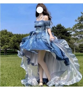 Lolita拖尾蓬蓬裙禮服一字肩前短後長裙