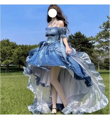 Lolita拖尾蓬蓬裙禮服一字肩前短後長裙