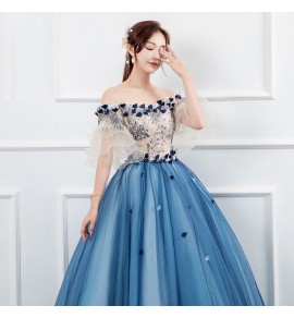 晚裝禮服裙蕾絲網紗繡花一字肩蓬蓬裙