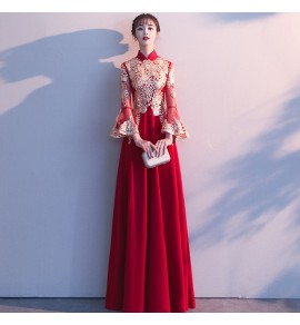 晚裝禮服新娘敬酒服喇叭袖長款禮服裙