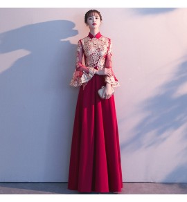 晚裝禮服新娘敬酒服喇叭袖長款禮服裙