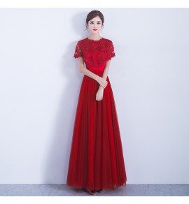 女裝禮服裙蕾絲圓領收腰長裙