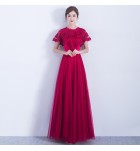 女裝禮服裙蕾絲圓領收腰長裙