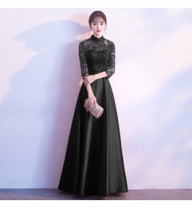 少女禮服裙立領透視蕾絲長裙