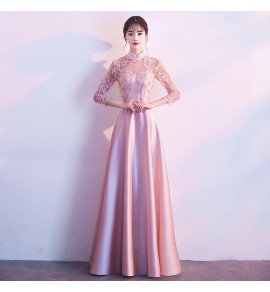 少女禮服裙立領透視蕾絲長裙