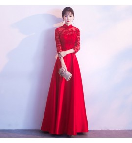 少女禮服裙立領透視蕾絲長裙