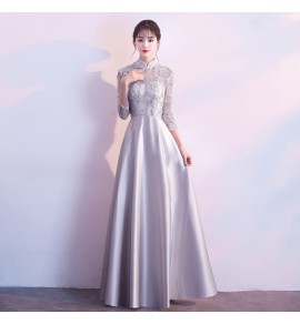 少女禮服裙立領透視蕾絲長裙