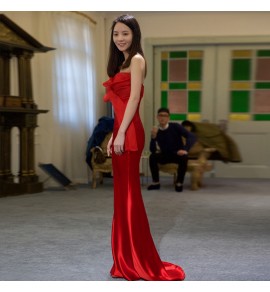 晚裝禮服荷葉邊抹胸小拖尾裙