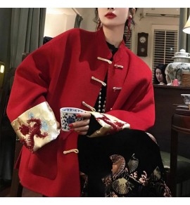 少女毛呢外套新年唐裝過年紅色上衣