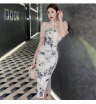 女裝連身裙立領網紗上衣吊帶開叉中長裙二件套