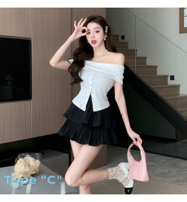 少女套裝裙一字肩上衣蛋糕裙兩件套