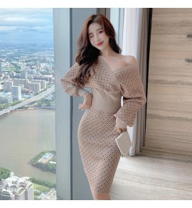 女裝套裝裙針織V領收腰半身裙兩件套
