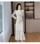 女裝套裝裙蕾絲長袖上衣半身裙兩件套