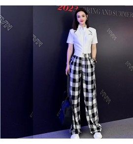 女裝休閒套裝上衣格子長褲兩件套