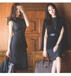 女裝條紋連身裙黑色斗篷外套兩件套
