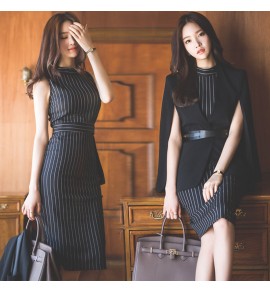 女裝條紋連身裙黑色斗篷外套兩件套