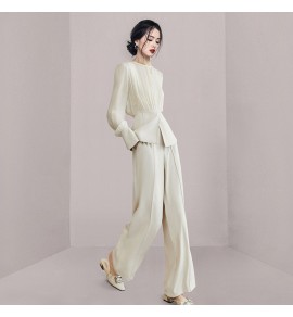 女裝圓領長袖上衣闊腿褲兩件套