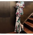 女裝套裝裙印花西裝開叉裙襬兩件套