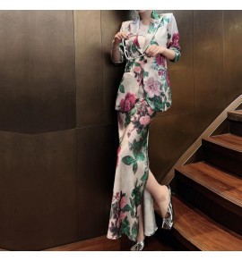 女裝套裝裙印花西裝開叉裙襬兩件套
